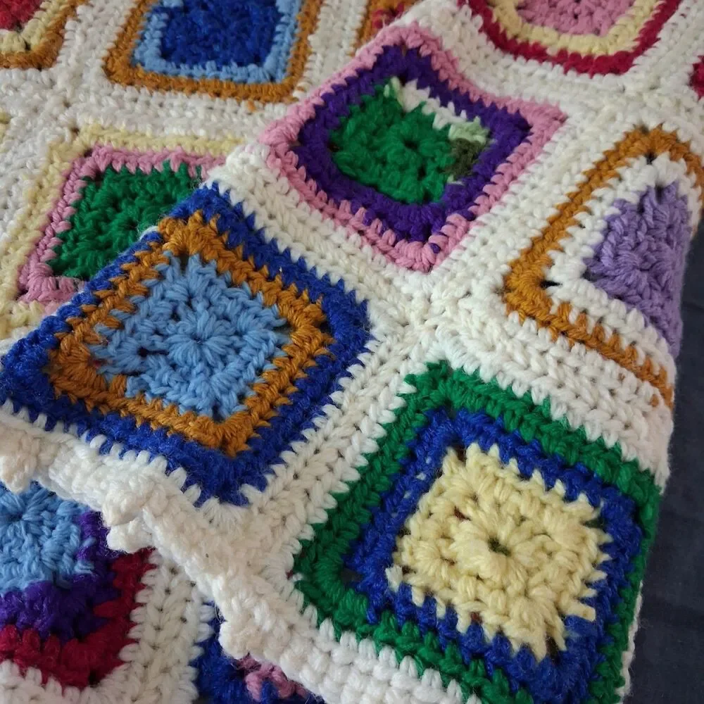 Vintage Granny Square Crochet Afghan Throw 54 x 38 Handmade BOHO Colorful